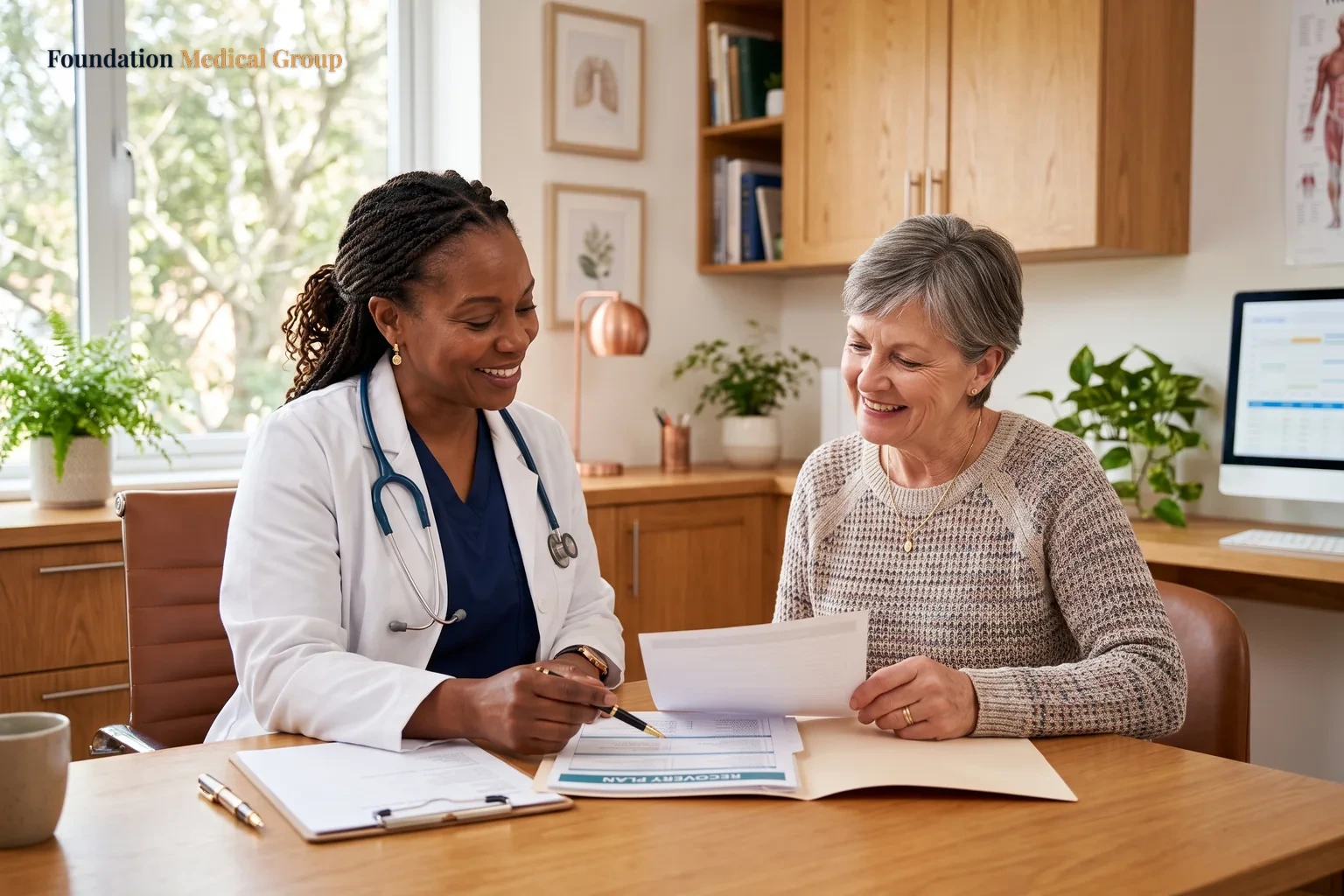 A doctor and patient talk.