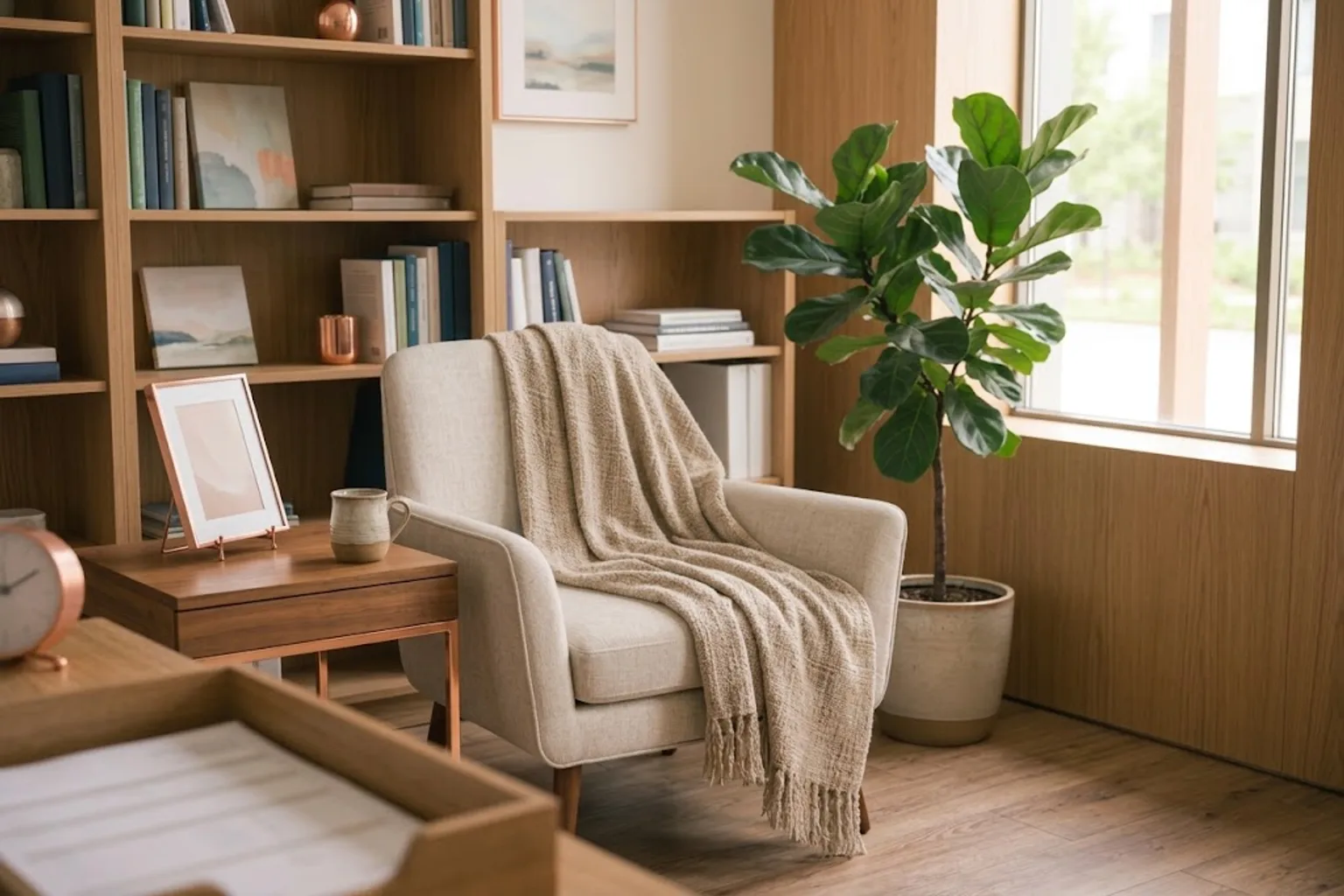 A serene therapy room corner with a soft armchair, a leafy plant, and gentle window light