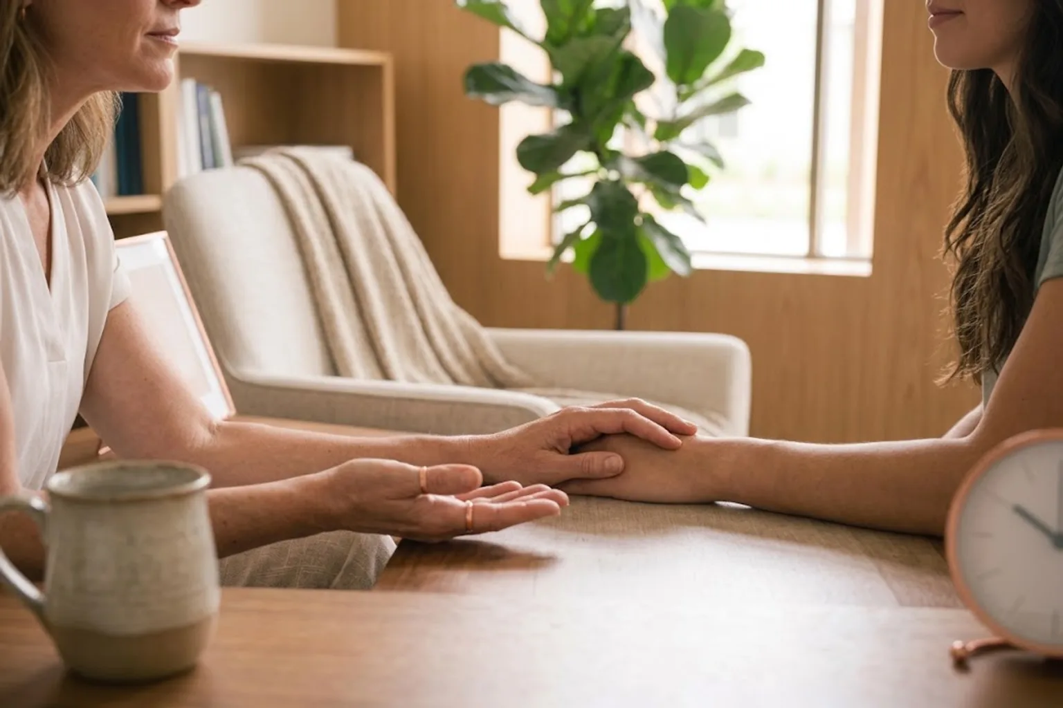 A supportive moment focused on two people relaxed hands during a calm counseling session