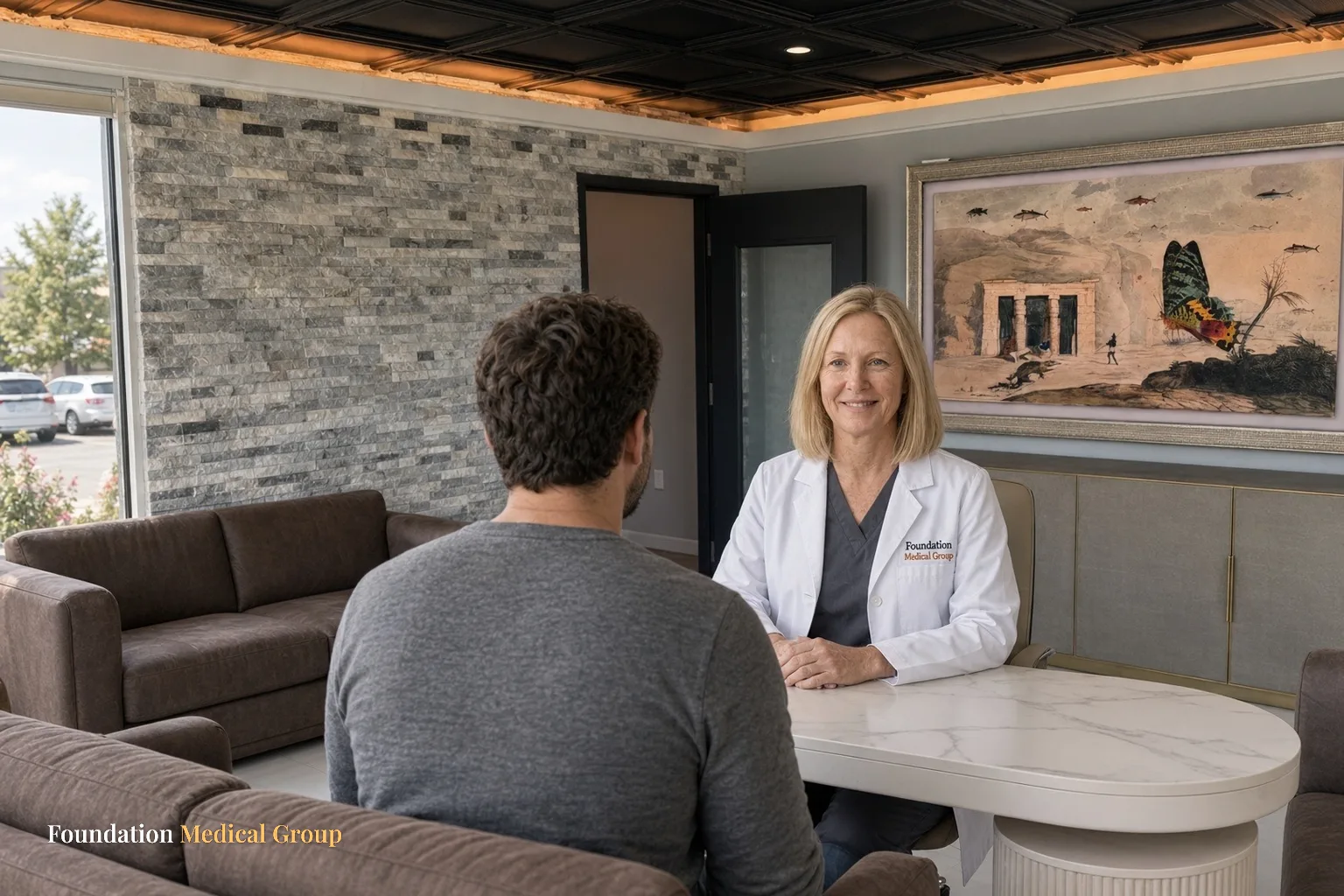 A clinician explains the steps of a qEEG brain map to a patient before the scan