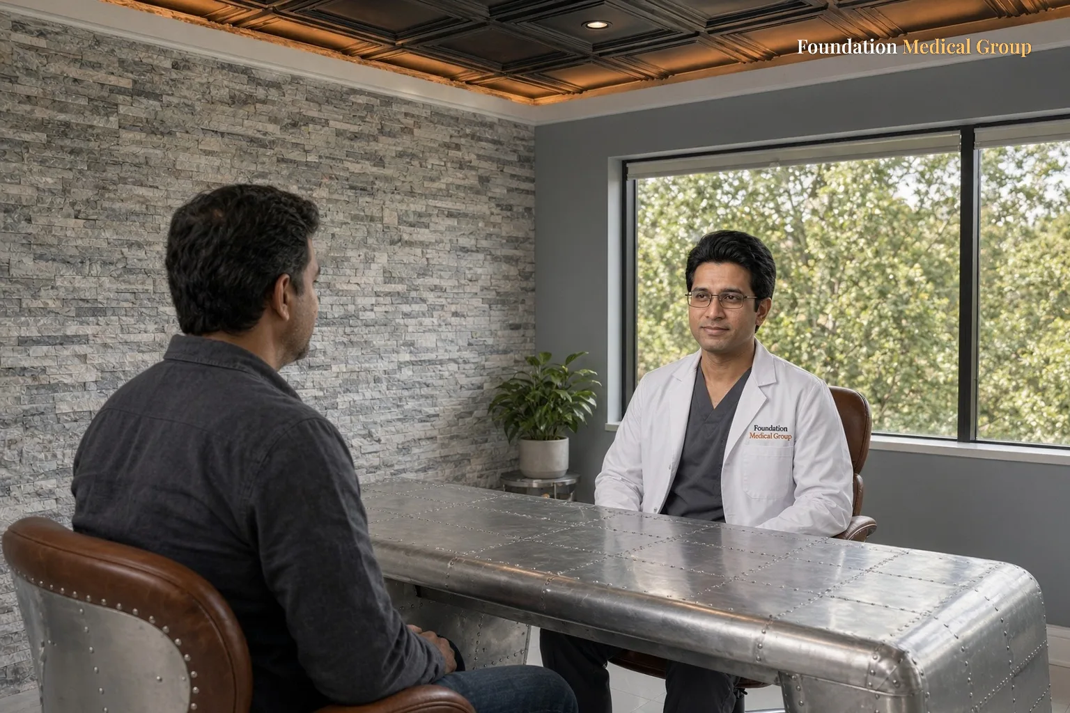 A patient and clinician discuss brain mapping results for anxiety and depression at a table