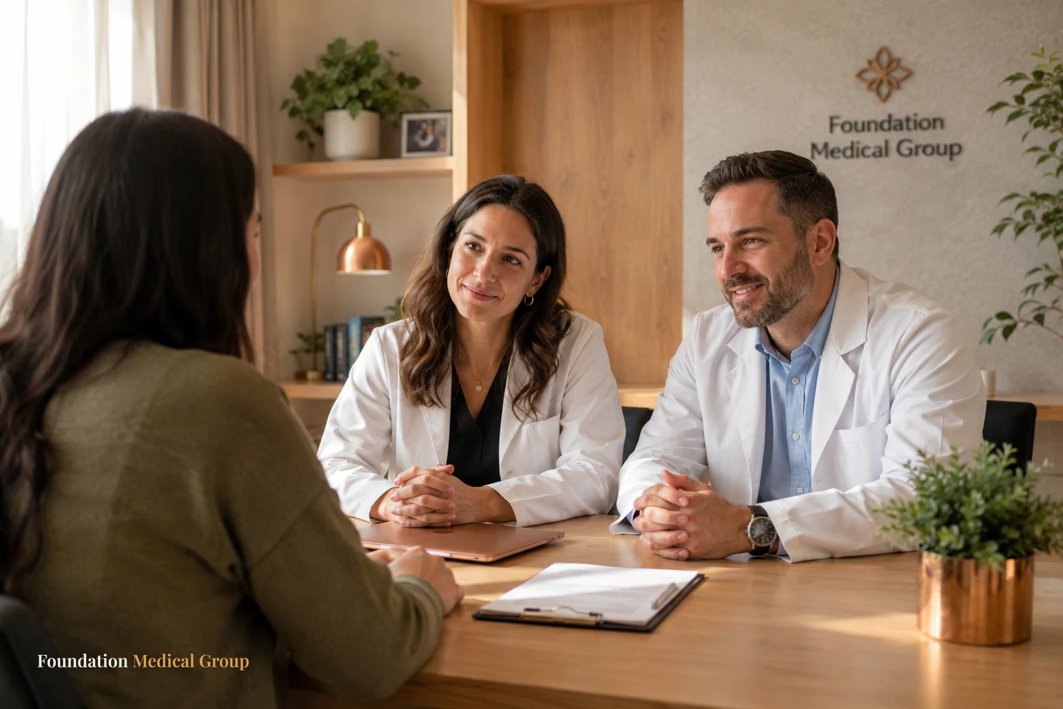 Two clinicians in white coats sit warmly with a patient across a light wood desk, listening attentively and nodding as s