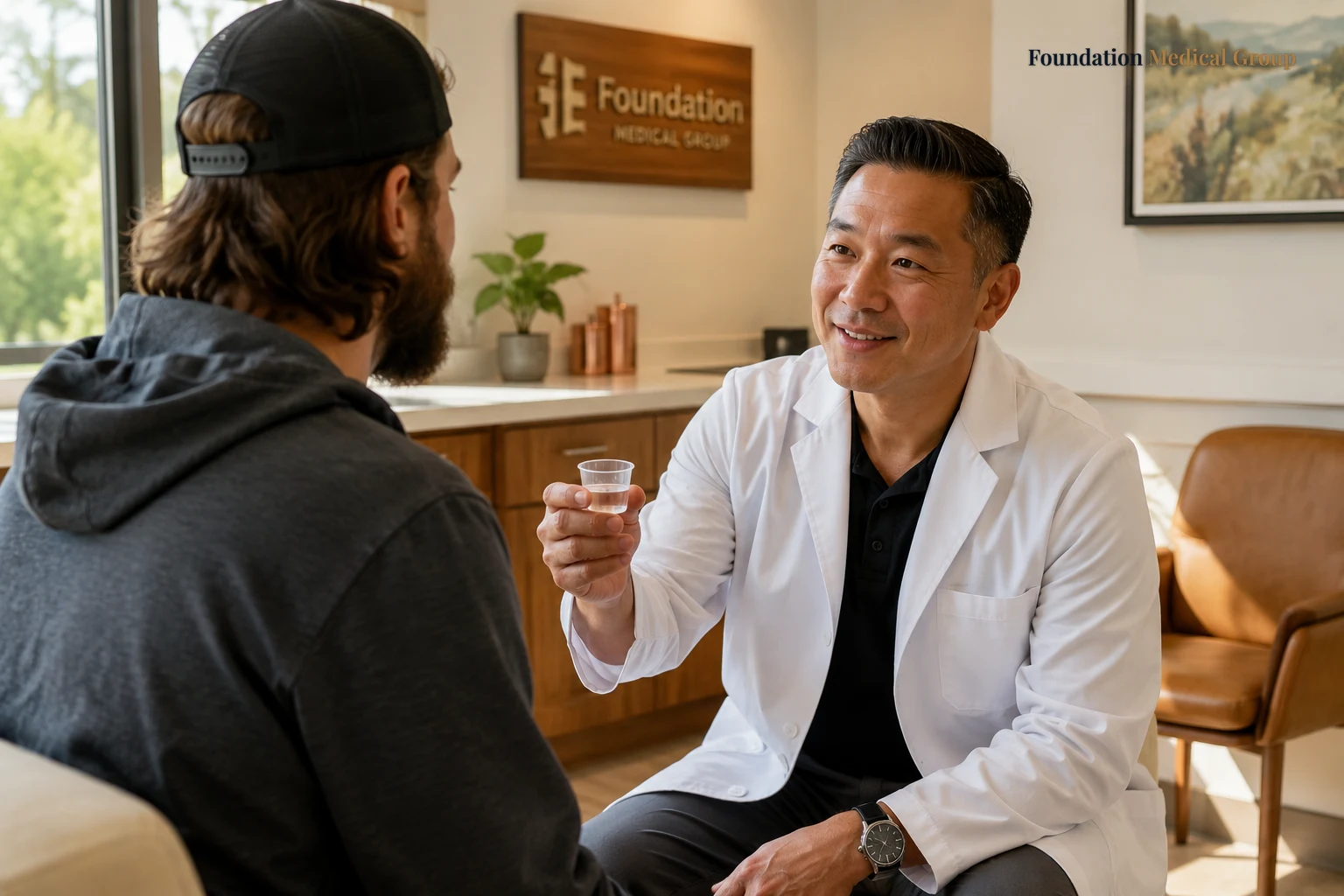 A doctor in a white coat kneels to patient eye-level in a sunlit exam room, offering a small medication cup with a calm,