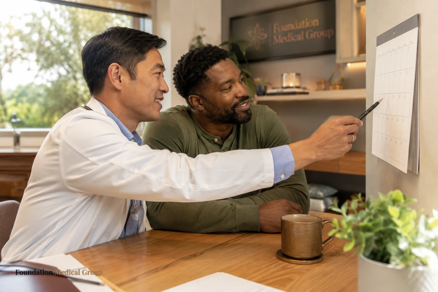 A physician and a steadily improving patient review a simple wall calendar together at a warm wood desk, both looking en