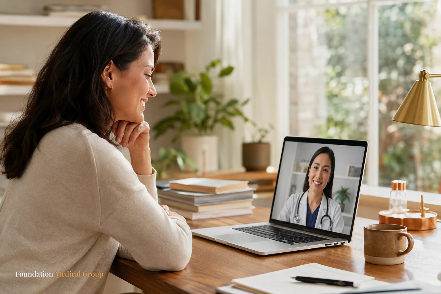 A cheerful patient sits comfortably at home with a laptop open to a friendly doctor’s face on a video call, sunlight and