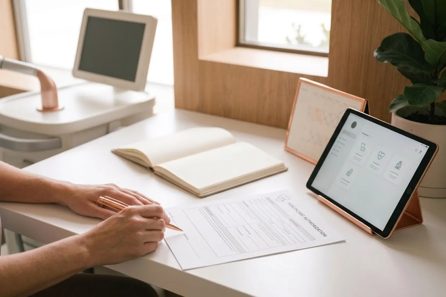 Hands completing a healthcare prior-authorization form with a copper pen on a clinic desk