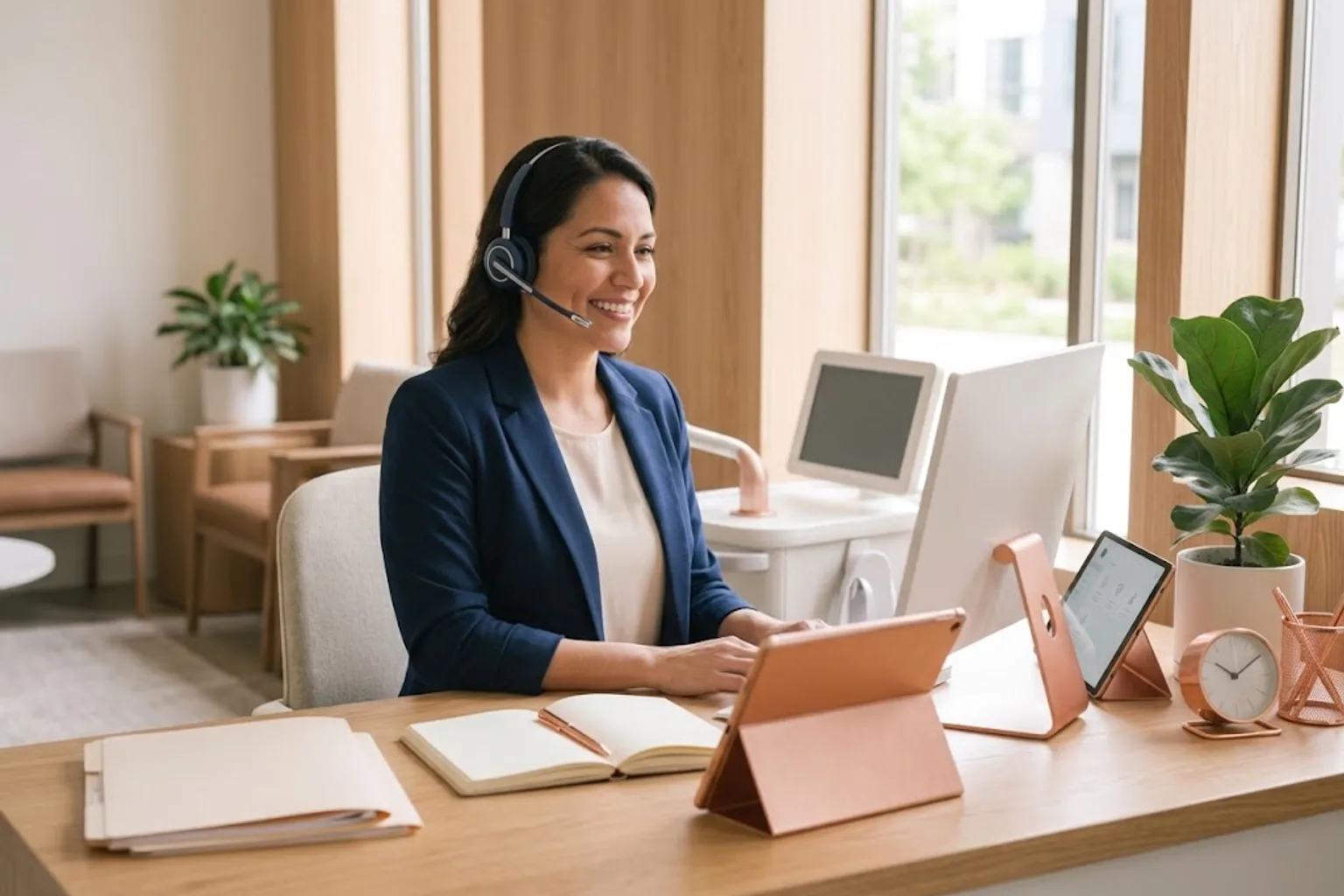 A friendly patient-services coordinator wearing a phone headset at a bright clinic reception desk