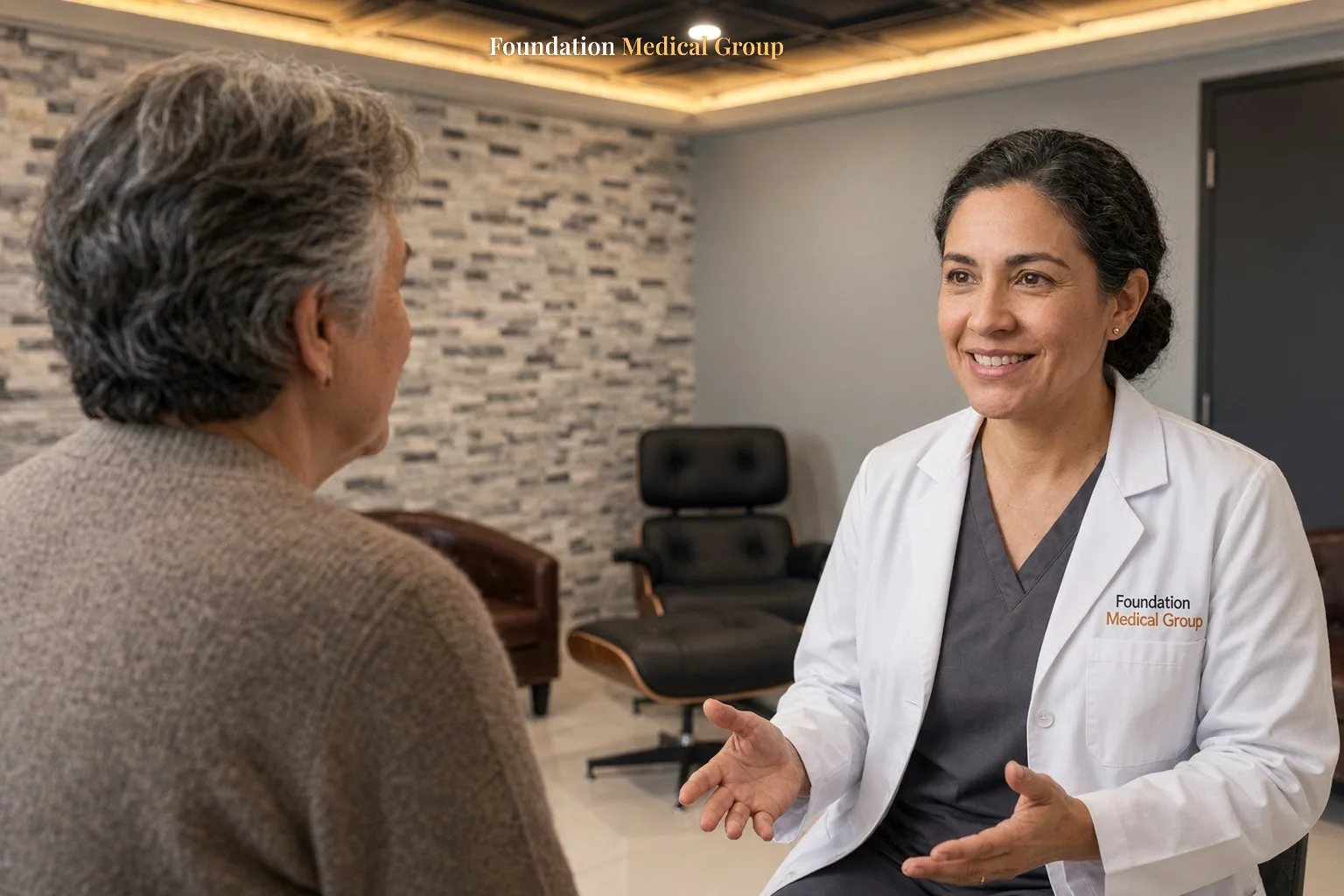 A clinician talks with an older patient about whether Medicaid may cover Spravato treatment