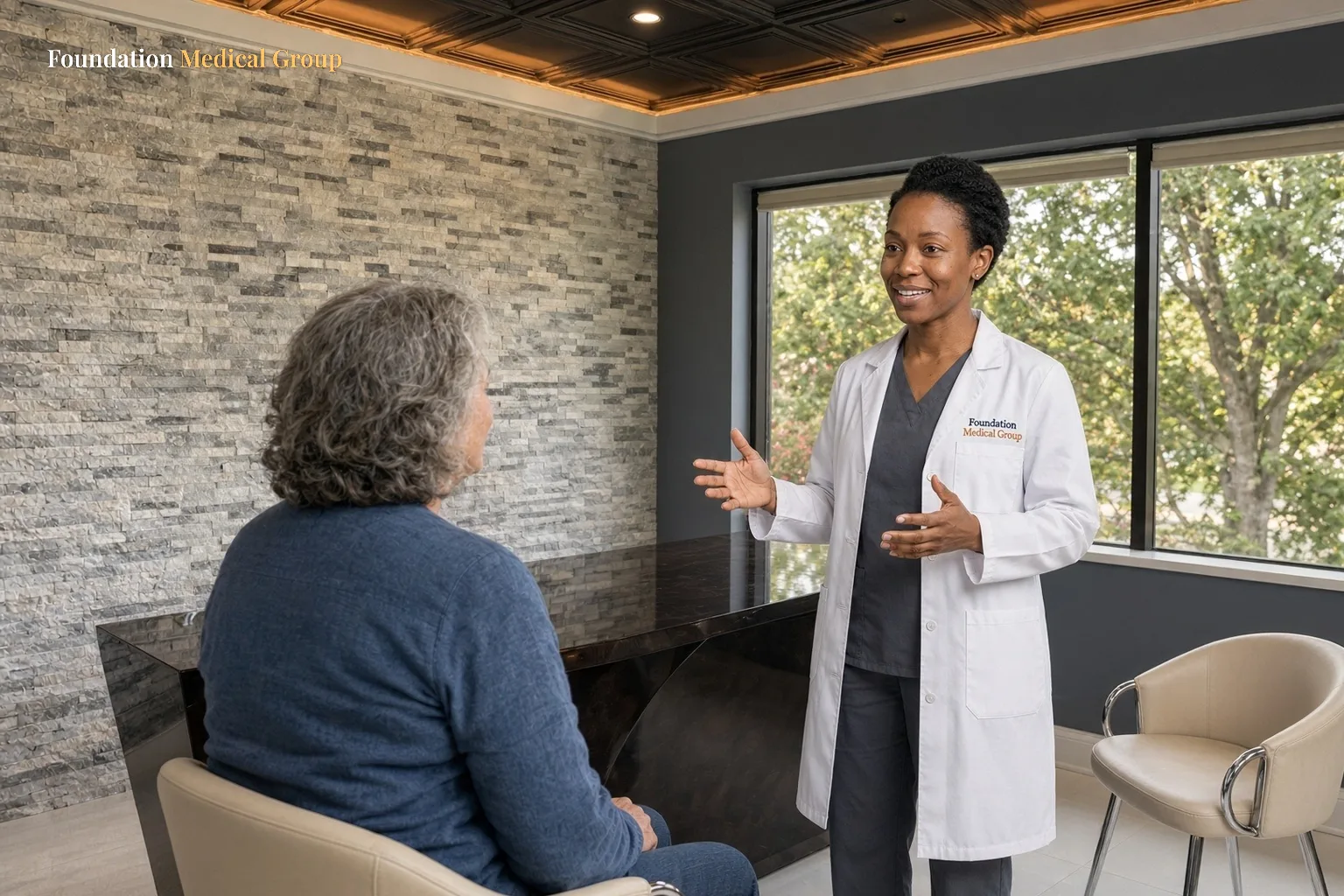 A clinician answers a patient’s questions before Spravato treatment starts