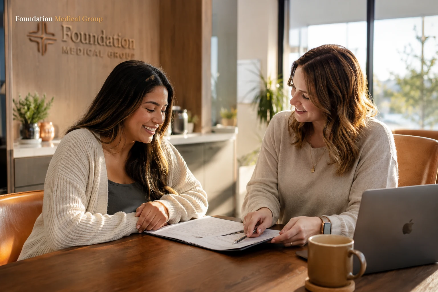 A patient smiles with relief as a helpful clinic coordinator explains paperwork calmly at a sunny desk with a laptop and