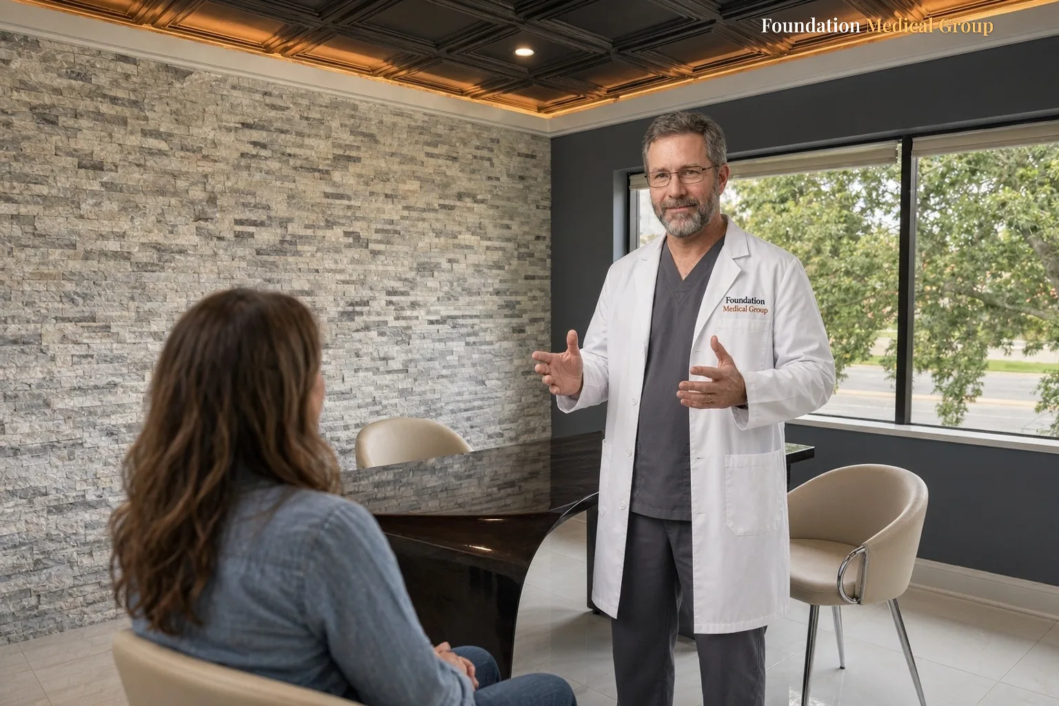 A clinician stands and talks with a seated patient about what to do after drinking on Suboxone