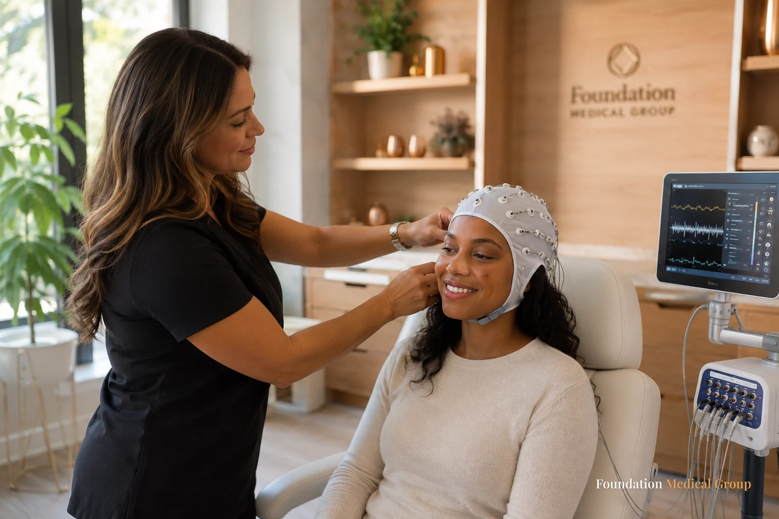 A gentle technician carefully fits a soft EEG cap onto a relaxed, smiling patient in a sunlit clinic room with clean mod
