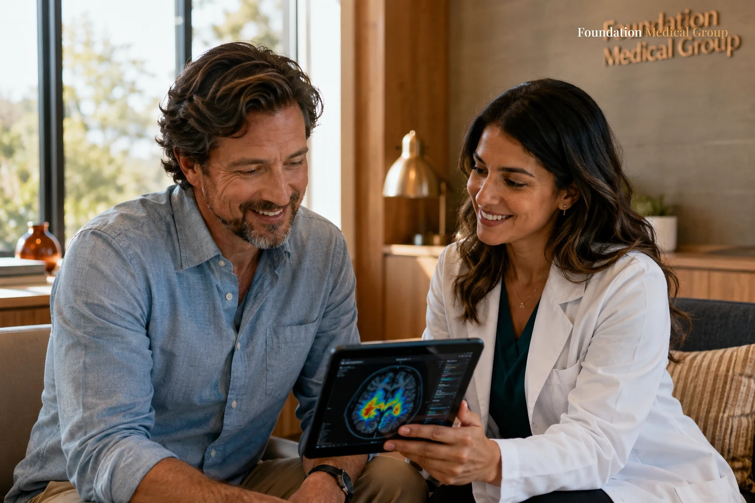 A physician and patient sit side by side reviewing a softly glowing brain-map image on a tablet, both looking hopeful in