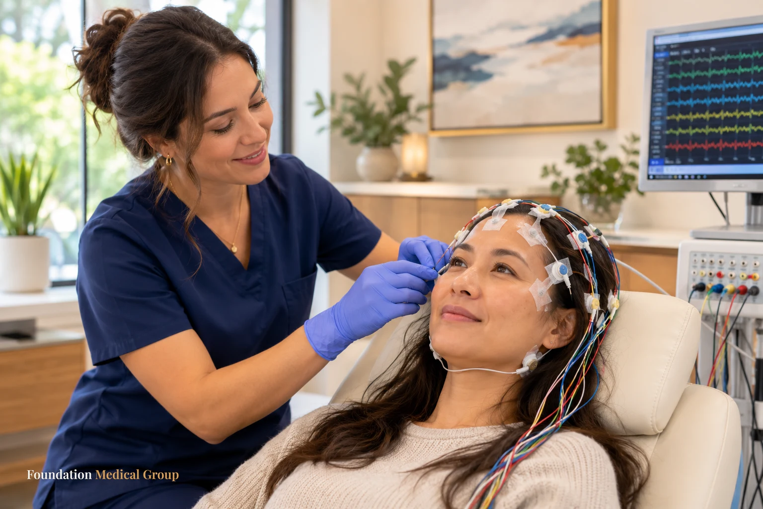A reassuring technician adjusts the EEG electrodes on a calm patient’s head as warm daylight and clean modern decor fill