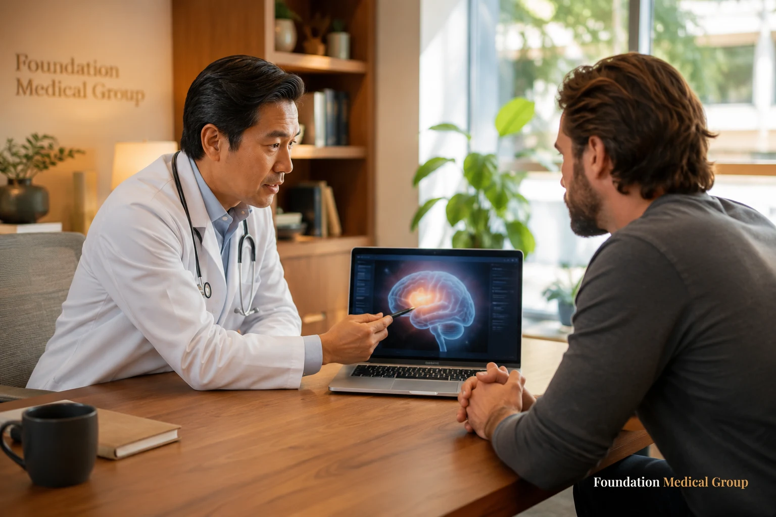 A thoughtful physician leans toward a patient across a wood desk, gently explaining a soft-focus brain visualization on