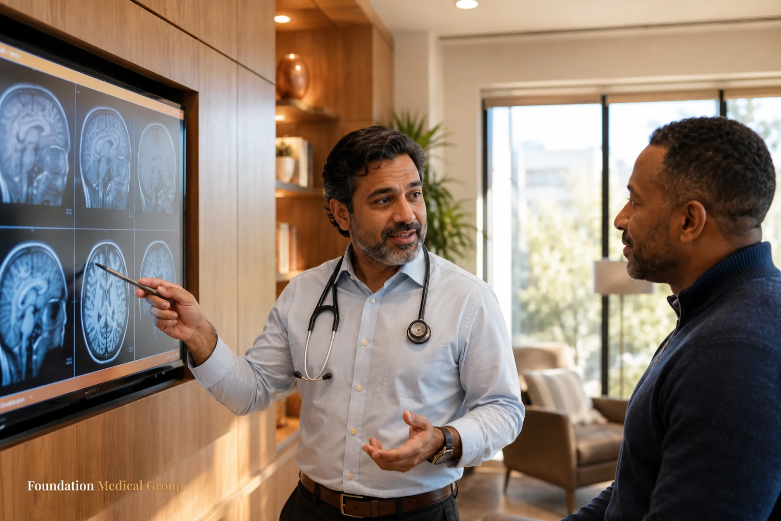 A doctor stands at a large wall monitor gently explaining different soft-focus brain-imaging visuals to an interested pa