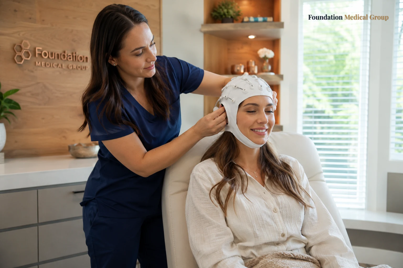 A gentle nurse carefully positions a cushioned EEG cap on a relaxed, smiling patient in an airy Virginia clinic room fil