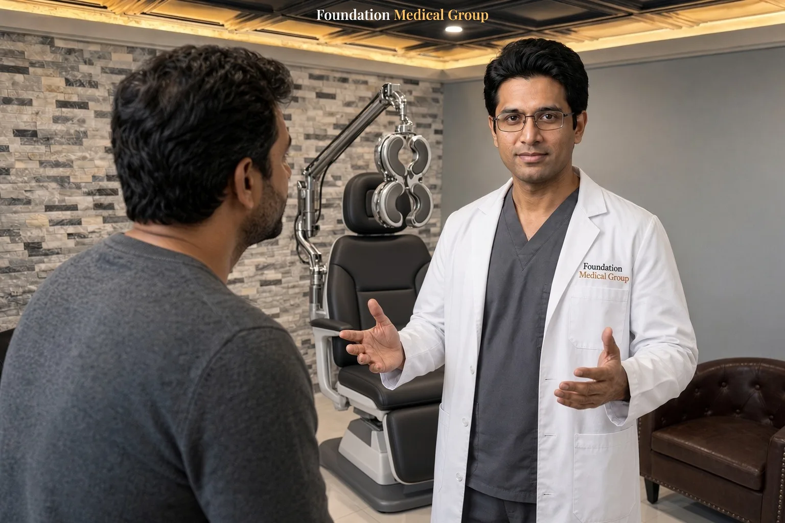 A TMS clinician explains how many weeks a full treatment course takes, standing beside a TMS station with its magnetic coil arm