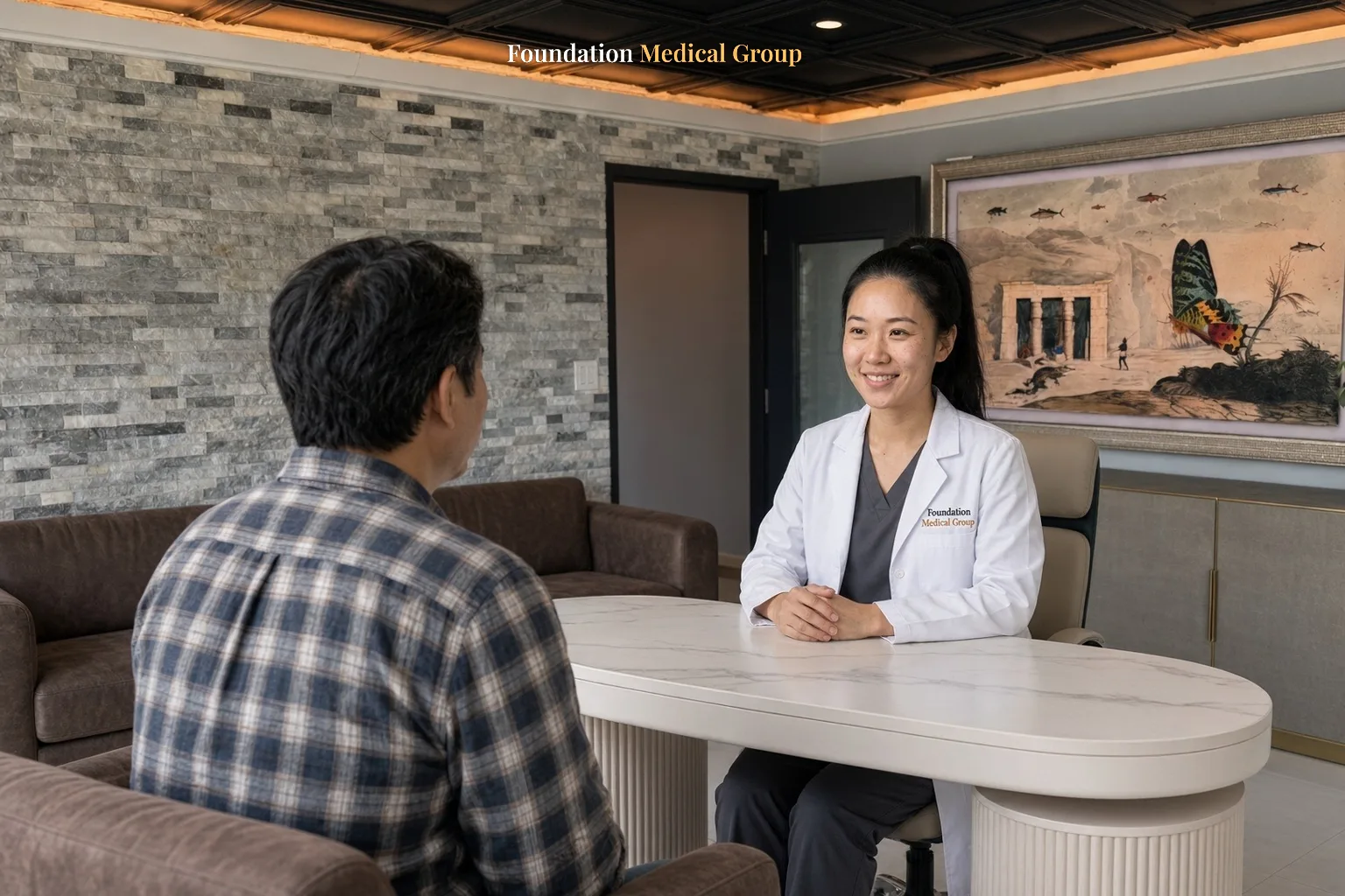 A patient and clinician talk at a round table about how long relief may last after TMS ends