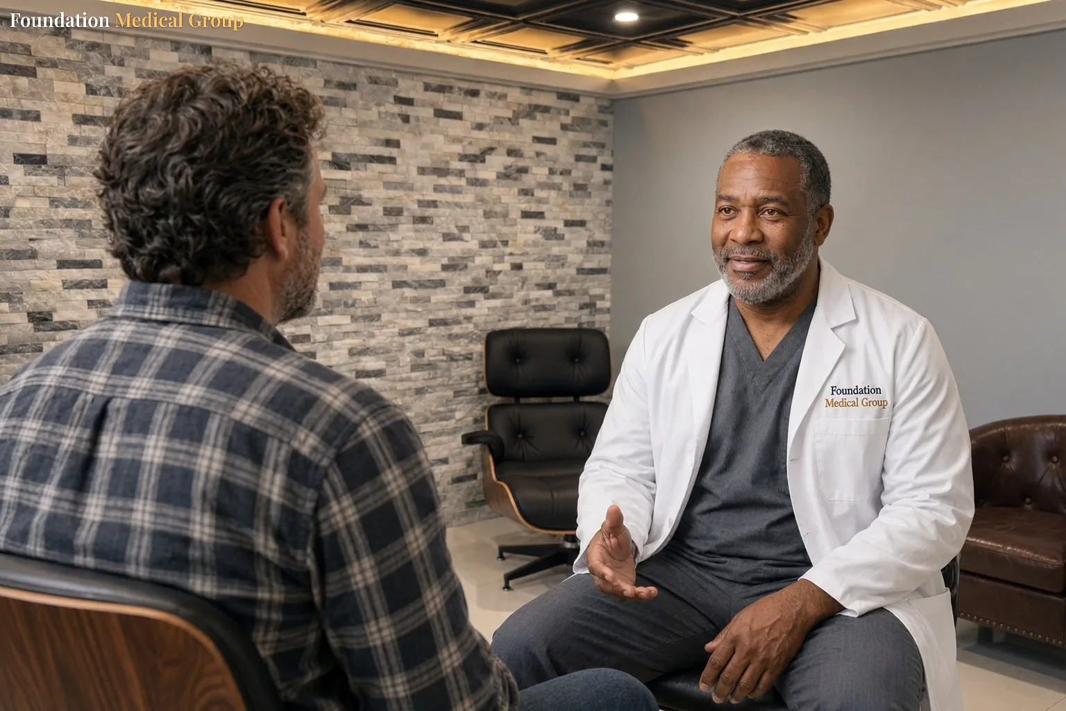 A clinician sits with a patient and explains how many ketamine treatments a typical series includes
