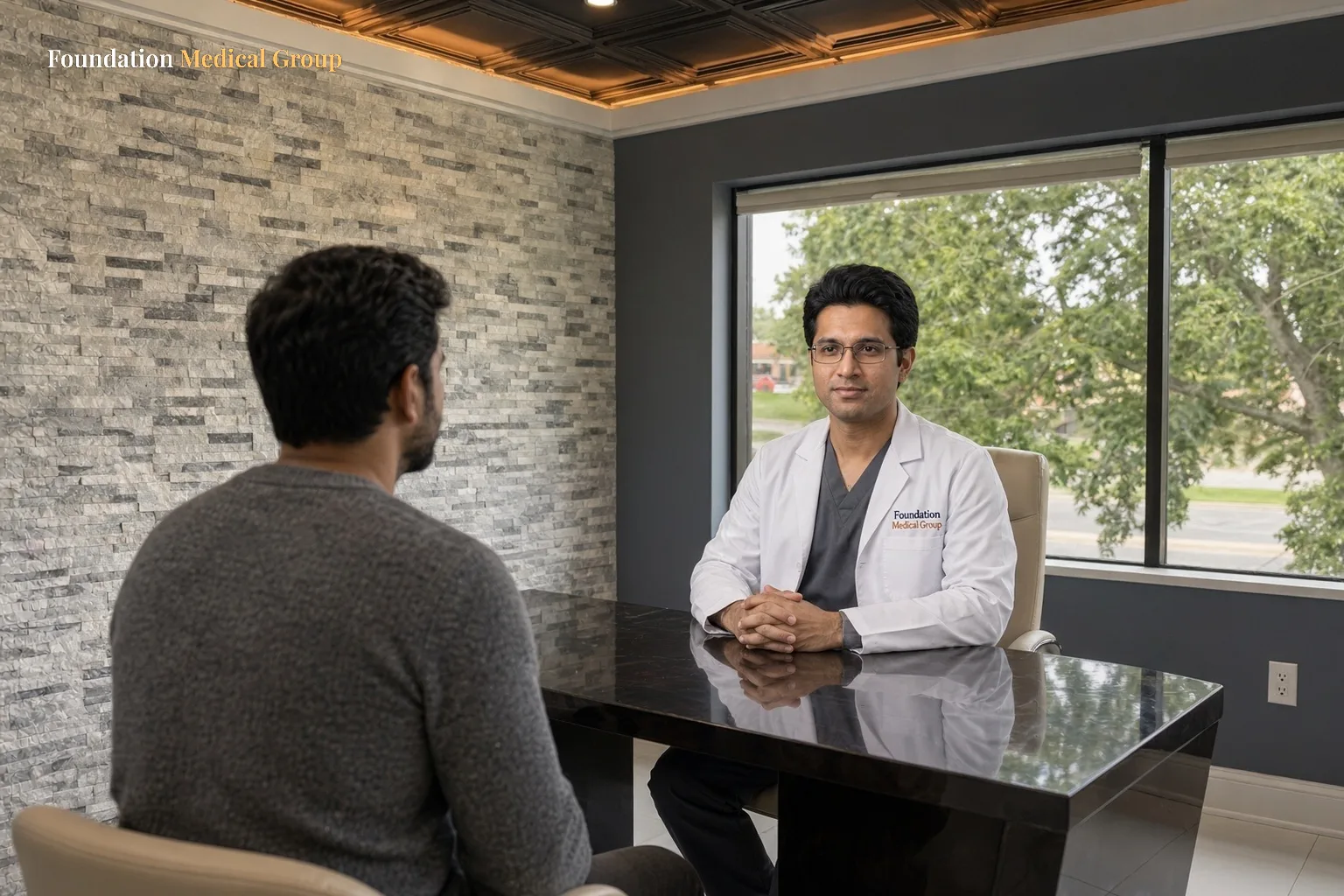 A patient meets a clinician to talk about maintenance ketamine sessions after a first series