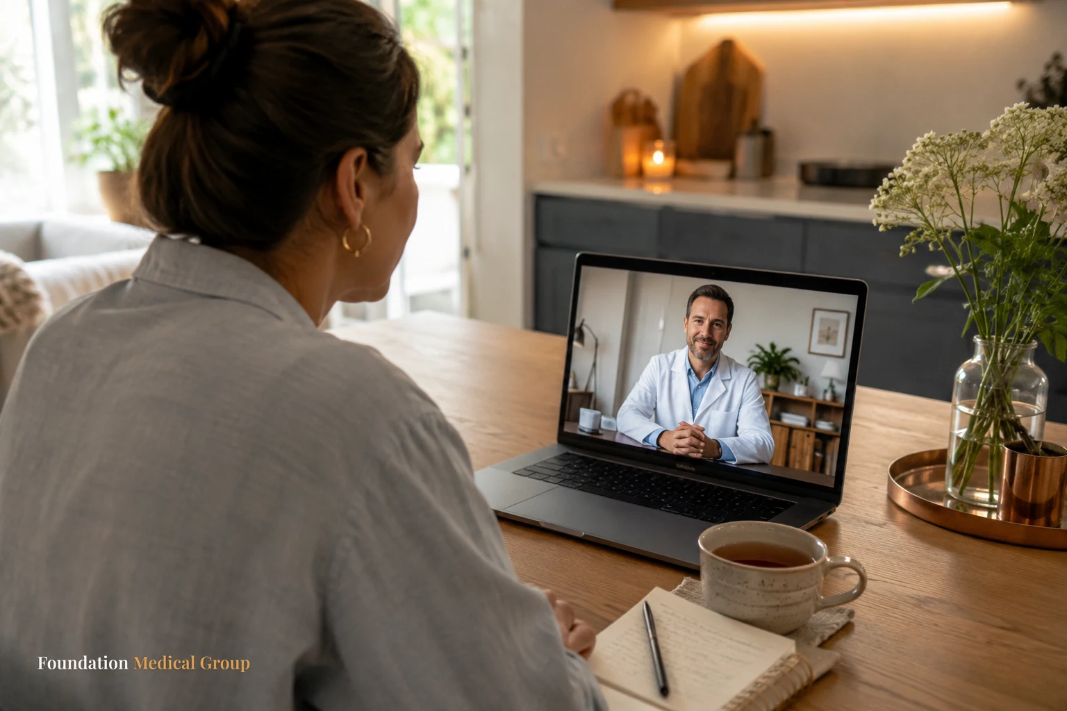 A patient at a sunlit kitchen table speaks openly to a caring physician on a laptop video call, a mug of tea and a noteb