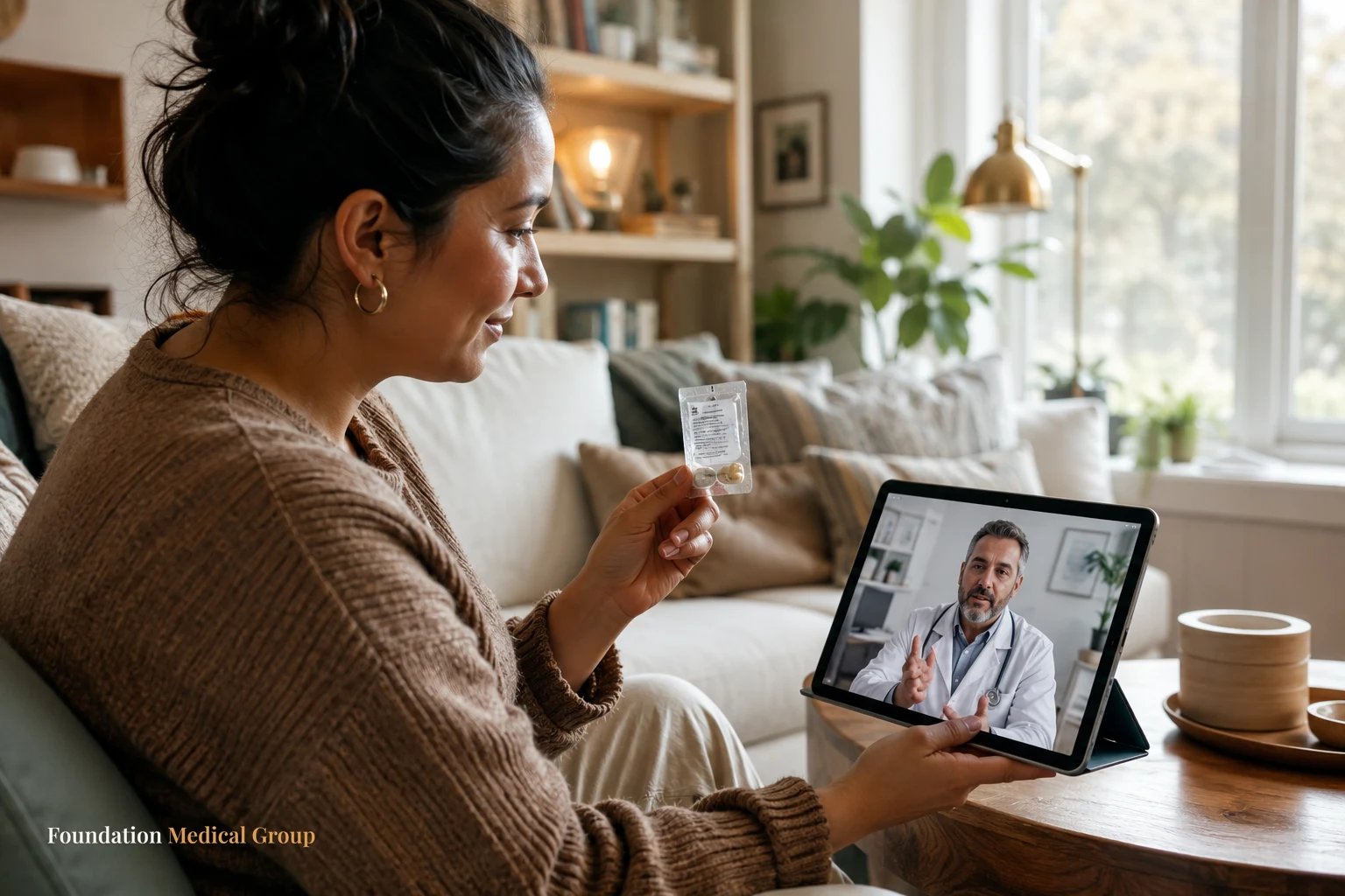 A calm patient holds a small medication packet while a reassuring doctor guides them on a tablet screen from the comfort