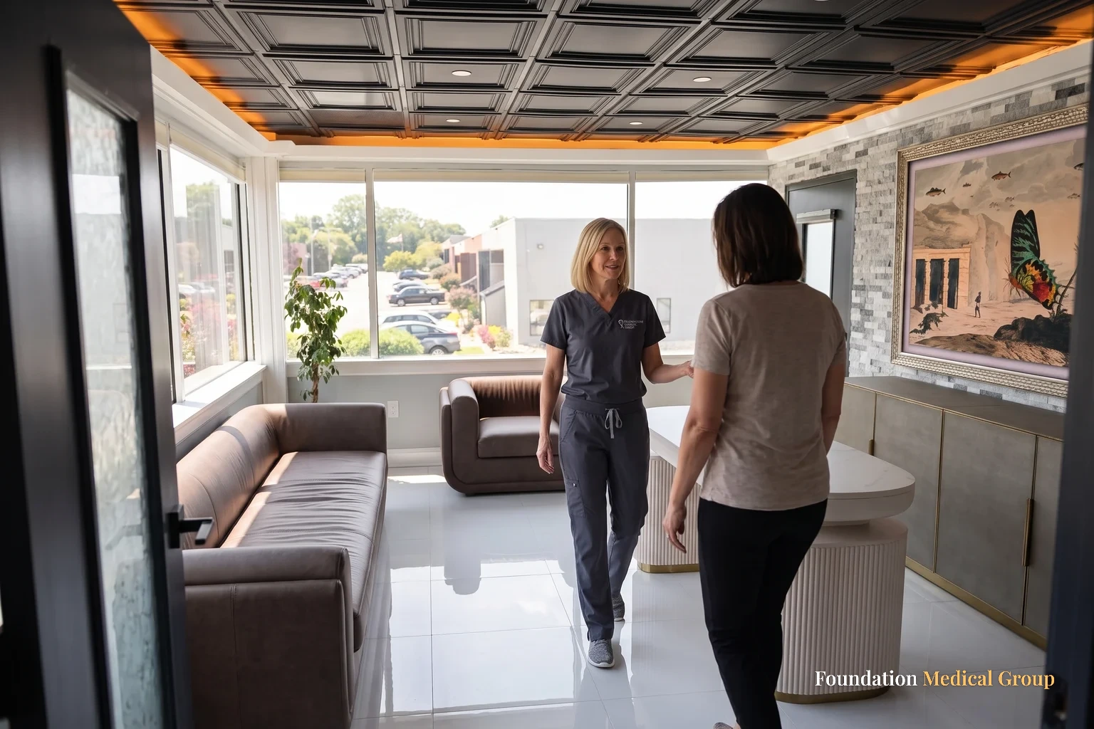 A clinician walking beside a patient through a consultation room with a long brown sofa and framed butterfly artwork
