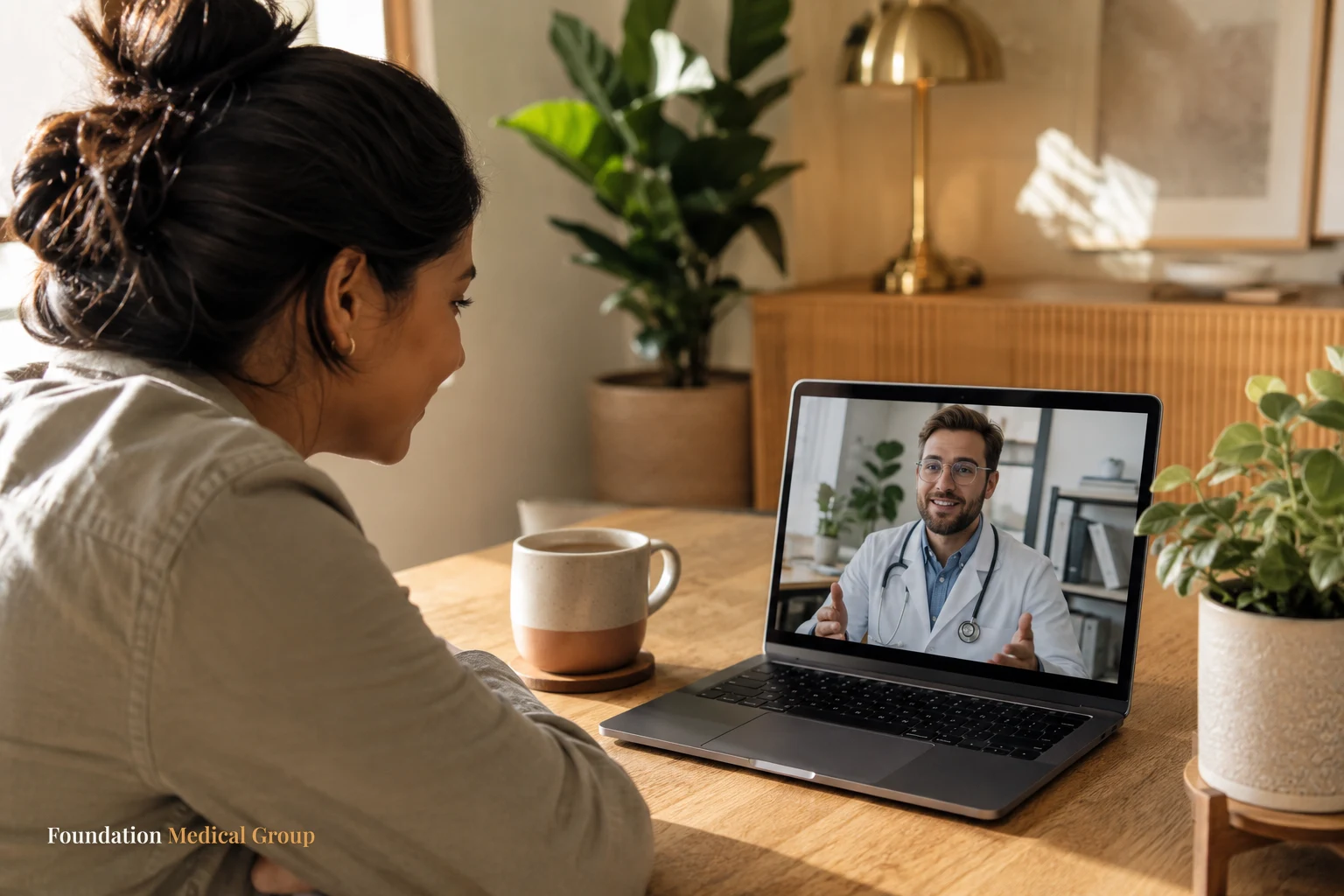 A patient leans comfortably toward a laptop showing a friendly doctor mid-conversation, a warm mug and houseplant framin