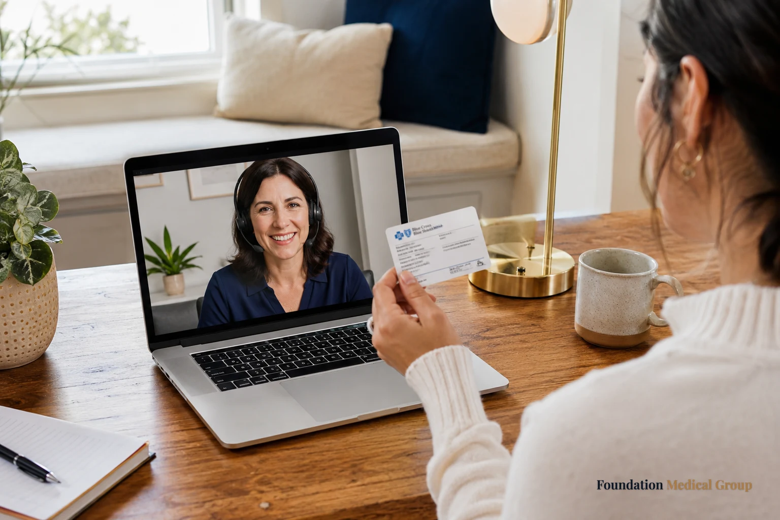 A relaxed patient holds up an insurance card to a laptop camera while a helpful coordinator smiles reassuringly on the s