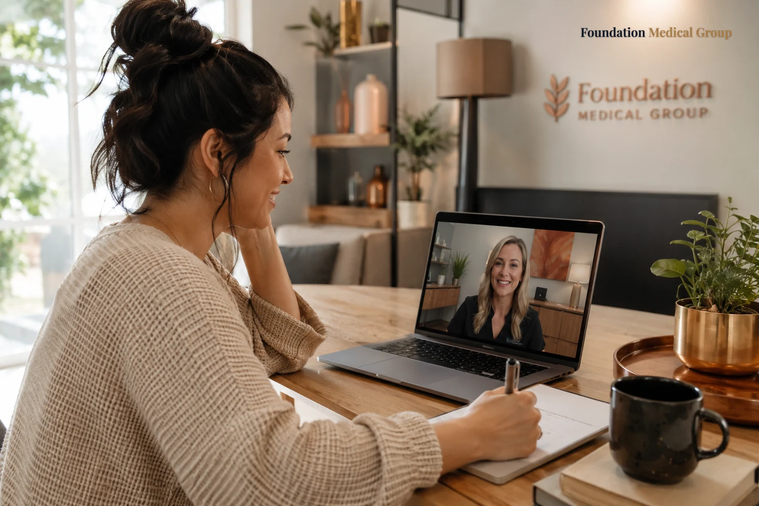 A patient smiles while on a phone call at a sunlit table, laptop open, jotting notes as a helpful clinic staffer appears