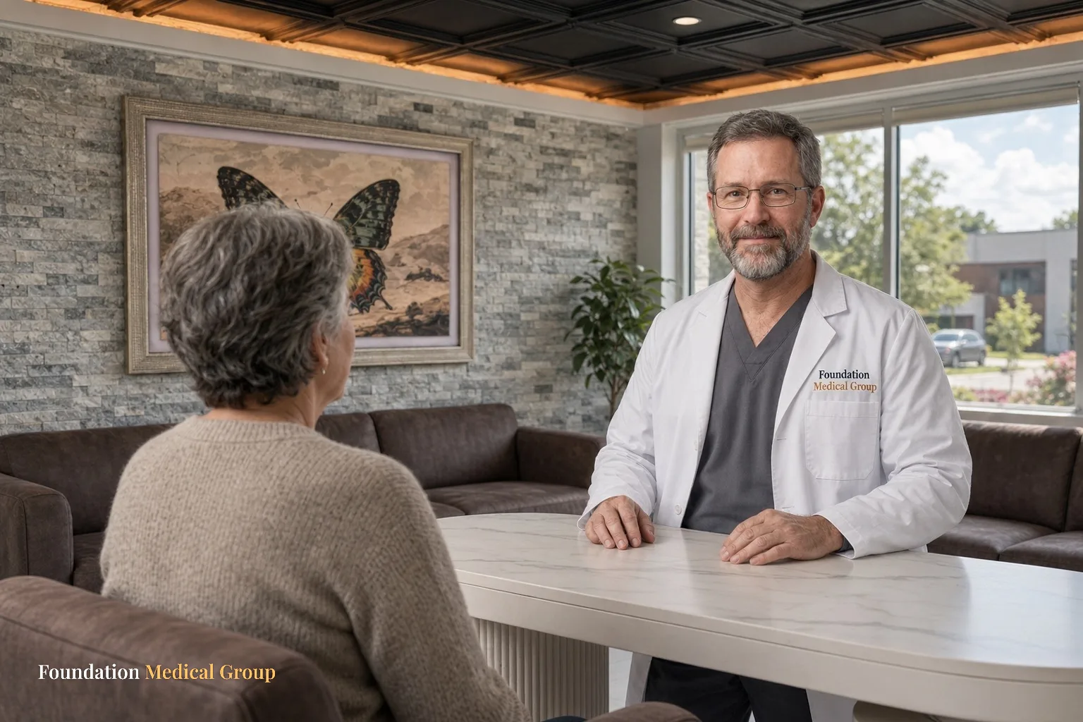 A clinician asks a patient interview questions at a table during a psychiatric evaluation
