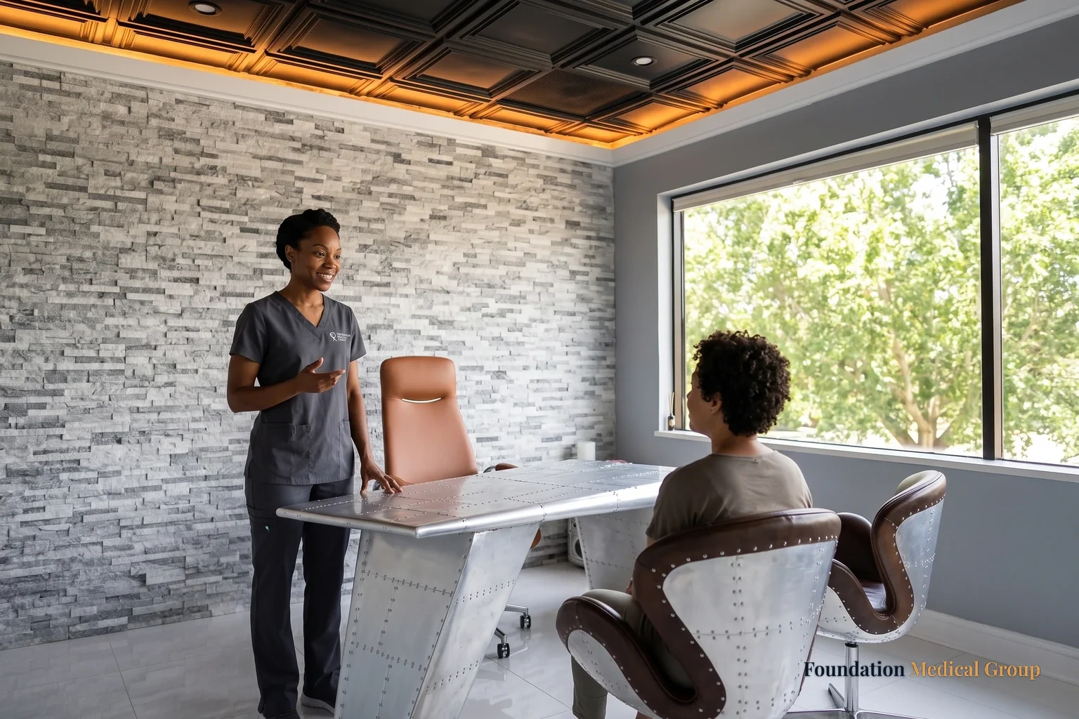 A clinician standing beside a riveted metal desk, talking with a patient seated across from her