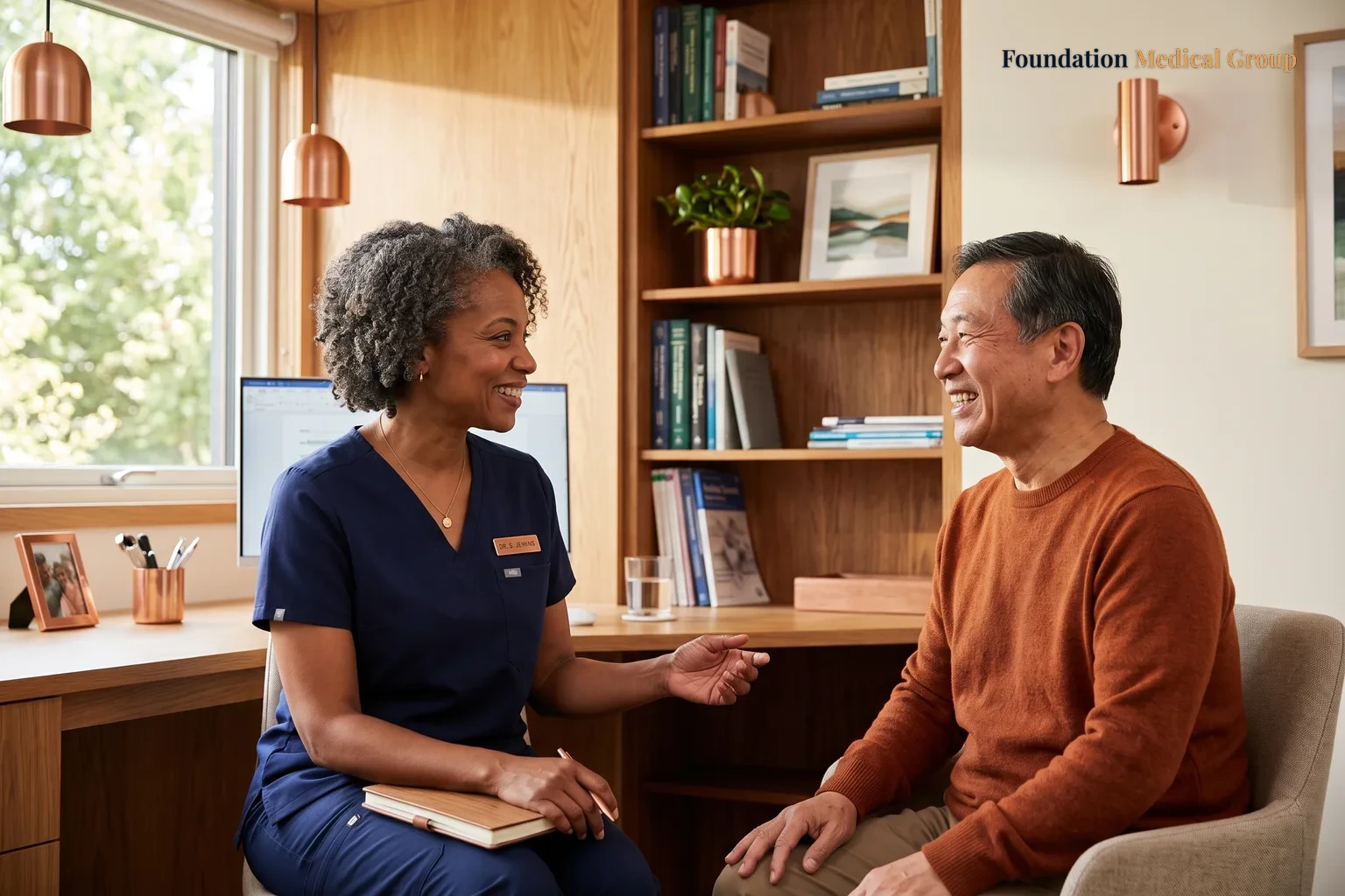 A doctor and patient talk.