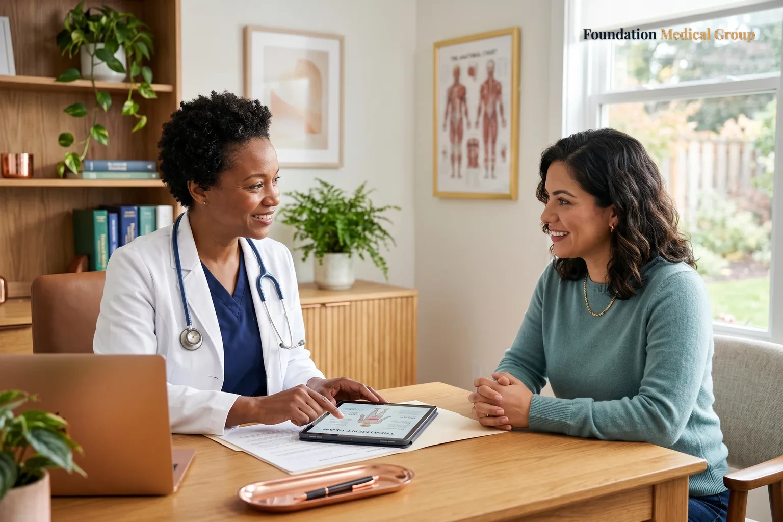 A doctor and patient talk.