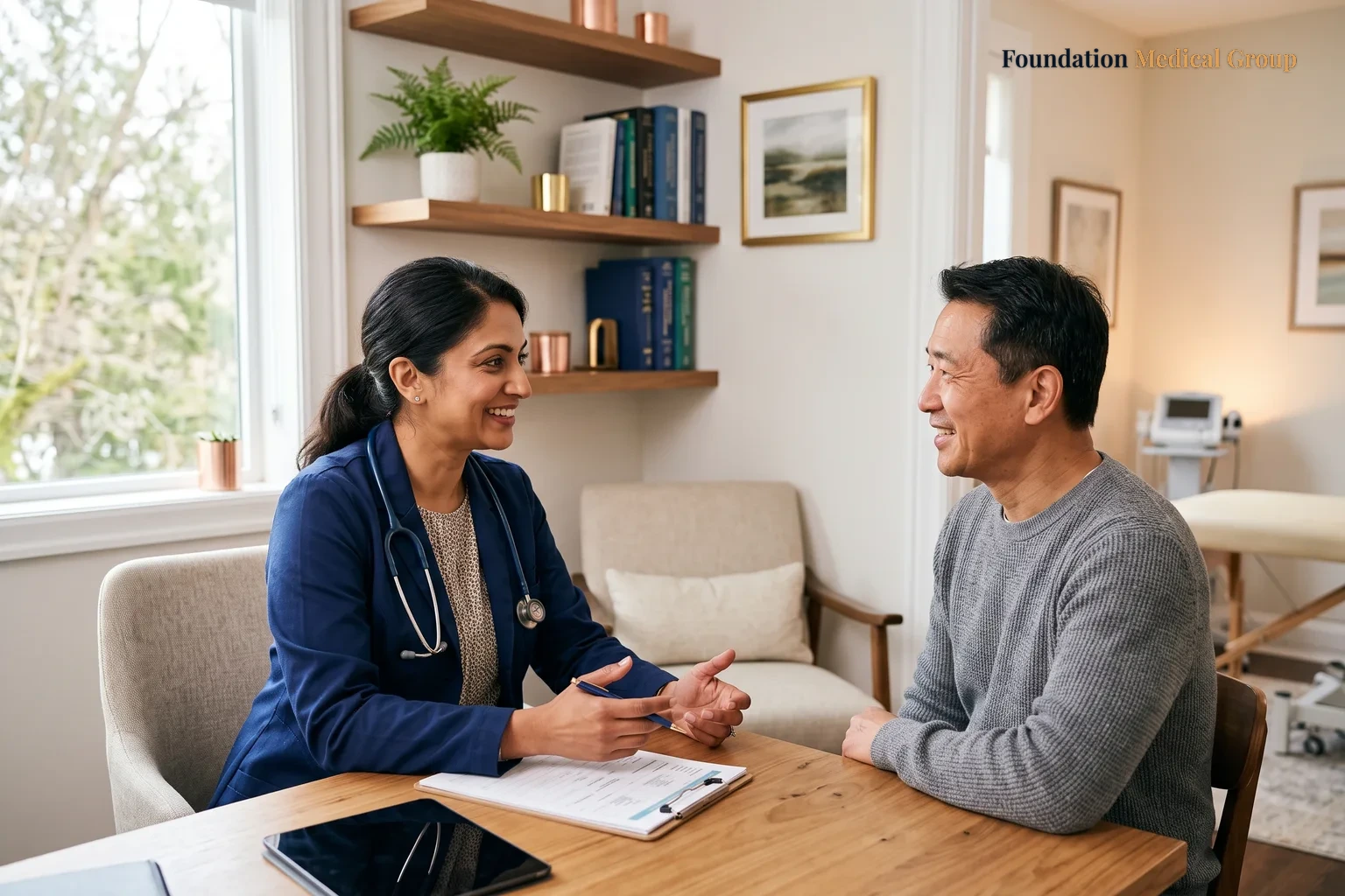 A doctor and patient talk.