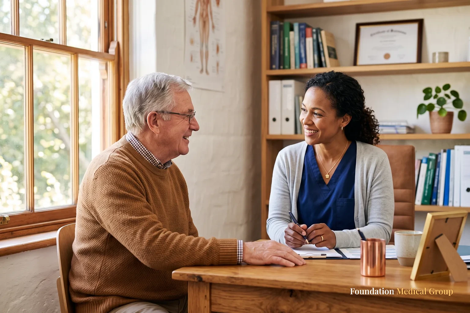 A doctor and patient talk.