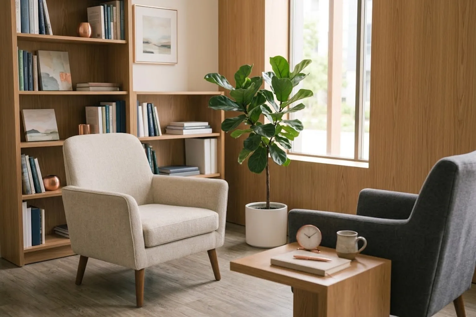 A warm, tidy Richmond psychiatry office with two comfortable armchairs, a plant, and window light