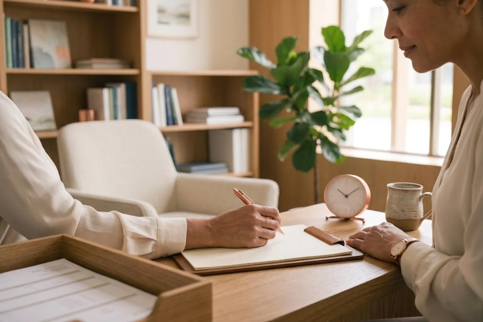 Close-up of a psychiatrist taking notes on a clipboard during a calm patient consultation