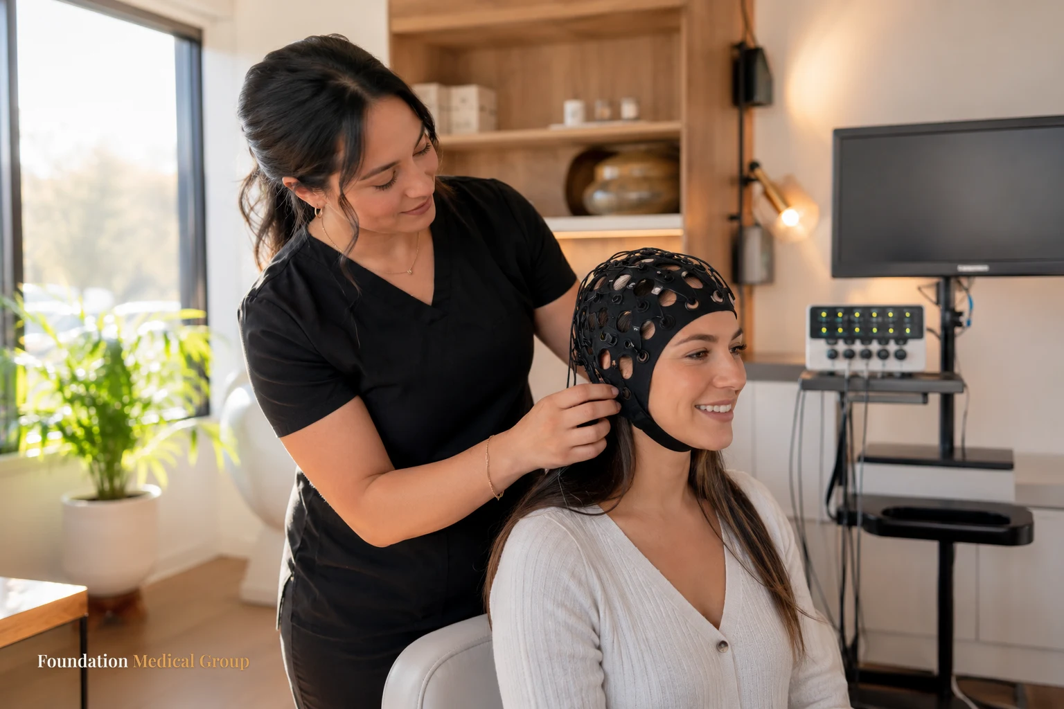 A gentle technician carefully secures a qEEG cap on a calm, smiling patient in a sunlit modern exam room with clean equi