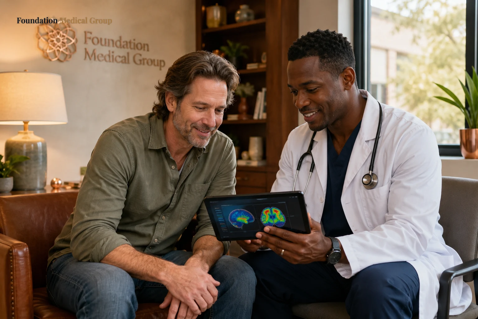 A caring doctor and hopeful patient sit together reviewing a colorful brain-map on a tablet, sharing an encouraged look 