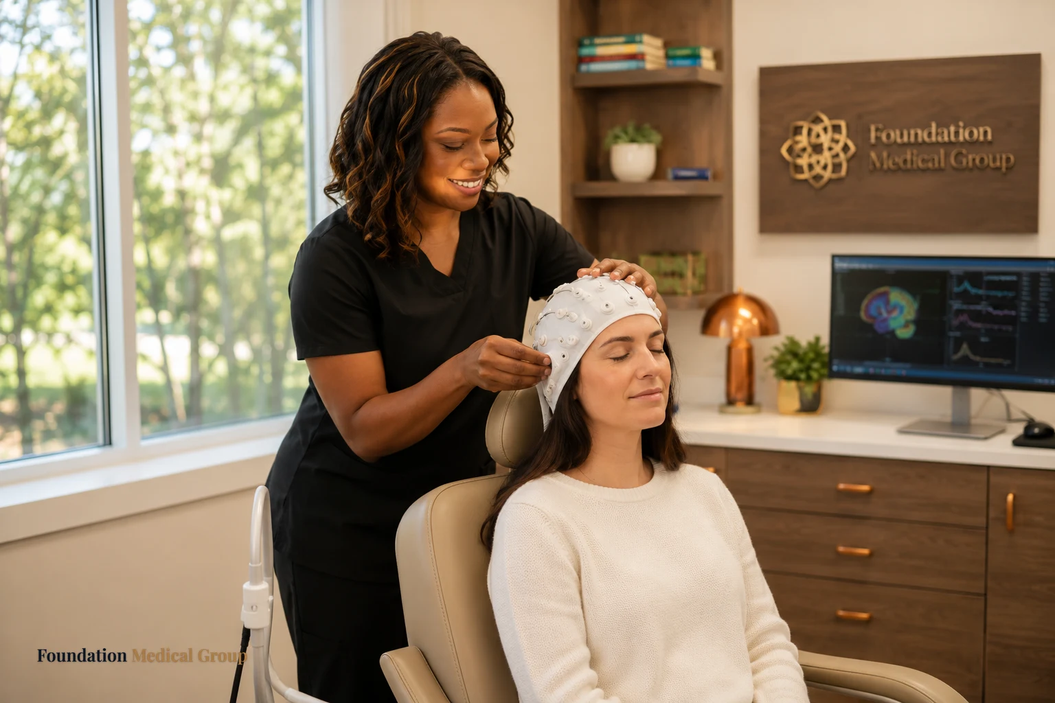 A reassuring technician fits a soft qEEG cap onto a calm patient seated in a comfortable chair, sunlight filling the cle