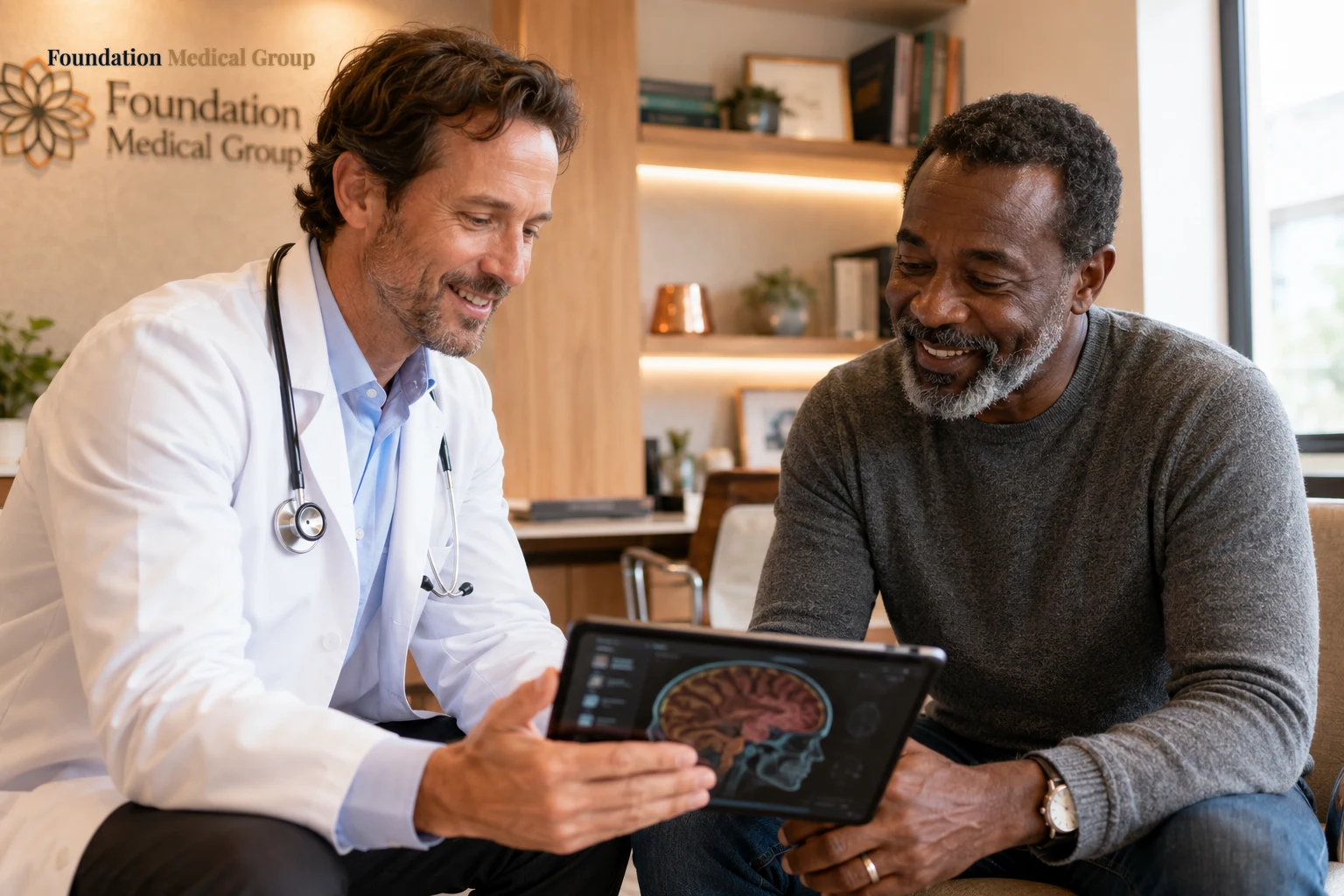 A physician leans in warmly beside a patient to review a soft-focus brain visualization on a tablet, both looking hopefu