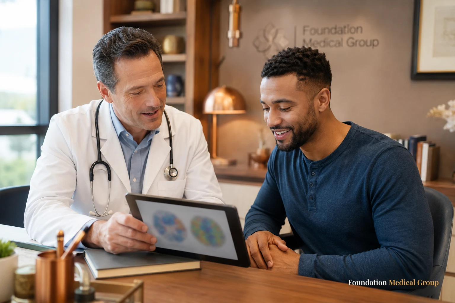 A physician and patient sit close together at a warm wood desk reviewing a soft-focus brain-map on a tablet, both lookin
