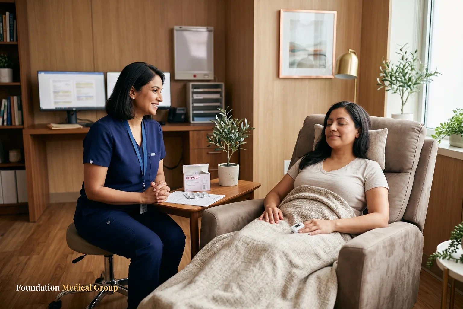 A doctor and patient talk.