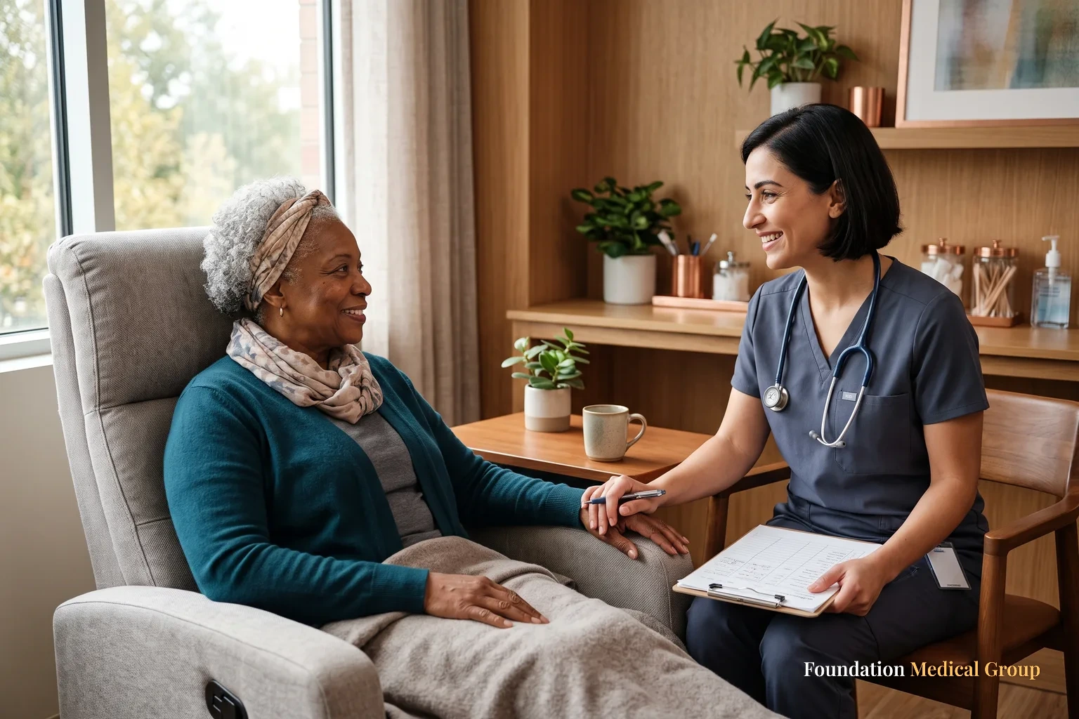 A doctor and patient talk.