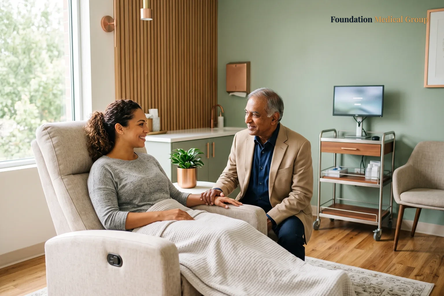A doctor and patient talk.