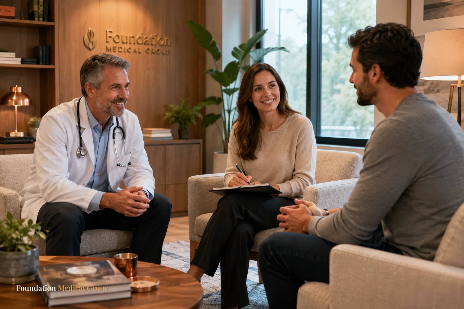 A caring doctor and a therapist sit warmly alongside a patient in comfortable armchairs, collaborating in a bright, welc