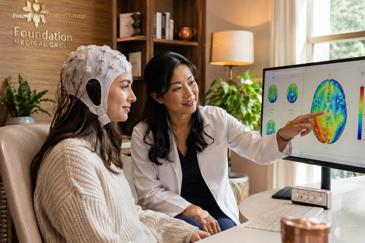 A patient in a soft EEG cap sits calmly beside a physician who gestures toward a gentle brain-map visualization on a scr