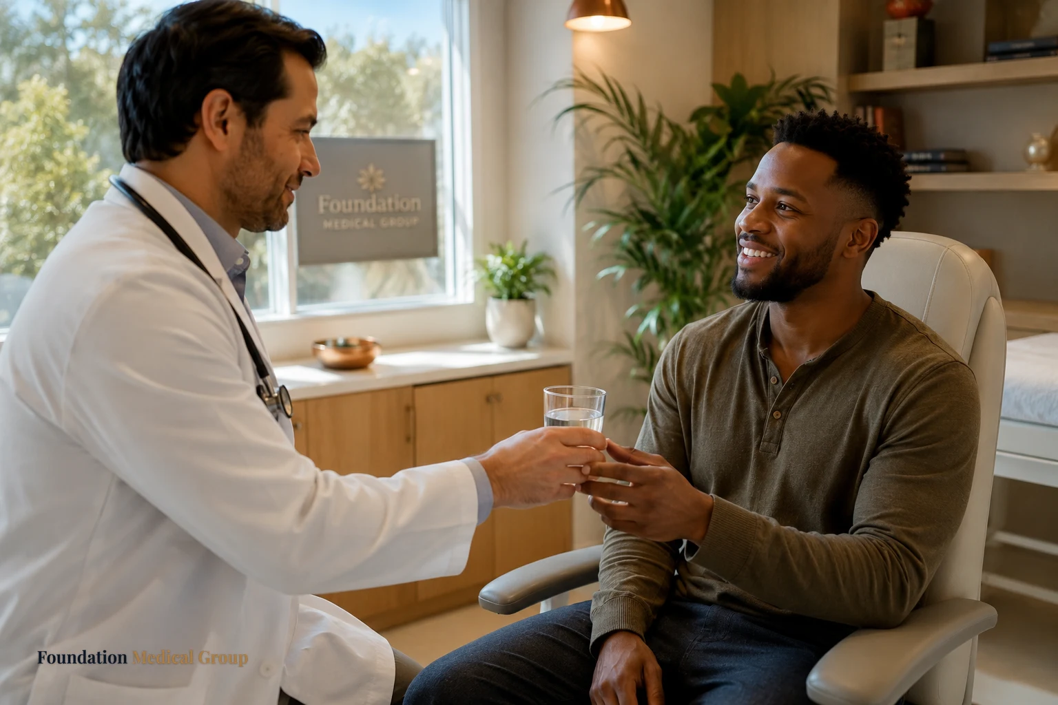 A gentle doctor hands a smiling patient a glass of water in a sunlit exam room, offering warm, practical reassurance